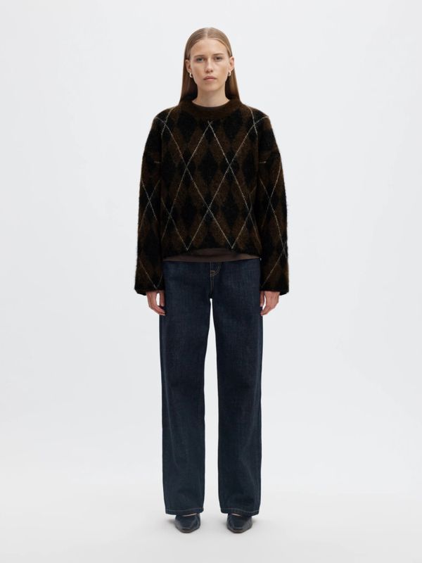 Lulu Brushed Argyle Knit O-Neck Delicioso Black Selected Femme
