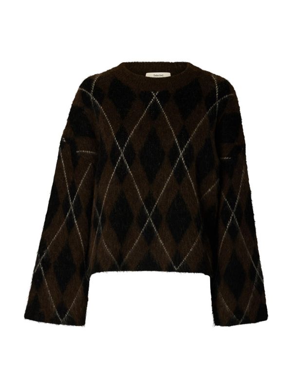 Lulu Brushed Argyle Knit O-Neck Delicioso Black Selected Femme